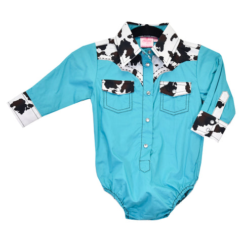 Turquoise and Cow Print Romper by Cowgirl Hardware