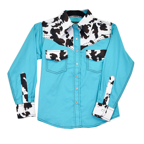 LONG SLEEVE TURQUOISE AND COW PRINT SHIRT BY COWGIRL HARDWARE