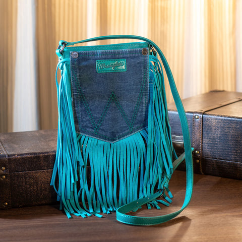 Wrangler Leather Fringe Jean Denim Pocket Crossbody