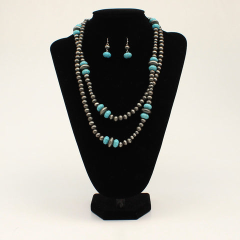 DOUBLE STRAND SILVER TURQUOISE BEADS NECKLACE SET