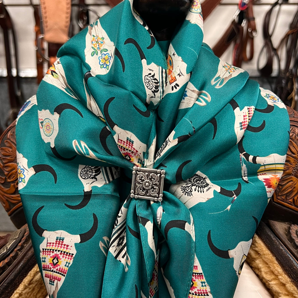 100% SILK NAVY TURQUOISE WITH SKULLS WILD RAG – Block Saddle Company, LLC