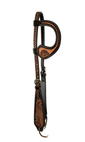 Two Tone one ear headstall with half floral tooled design