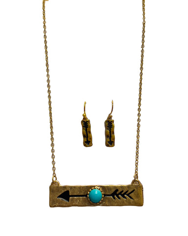 Turquoise and Gold Arrow Earrings and Necklace Set by Silver Strike