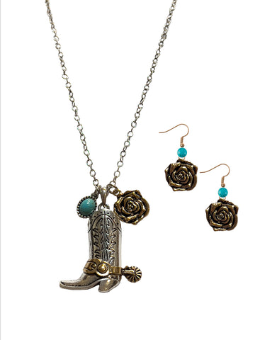 Boot & Rose Charm Earrings and Necklace Set by Silver Strike
