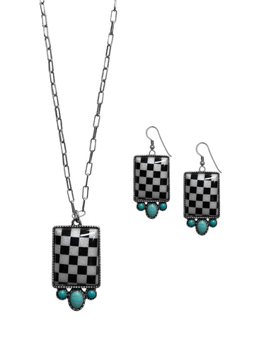 Turquoise Black and White Checker Earrings and Necklace Set by Silver Strike