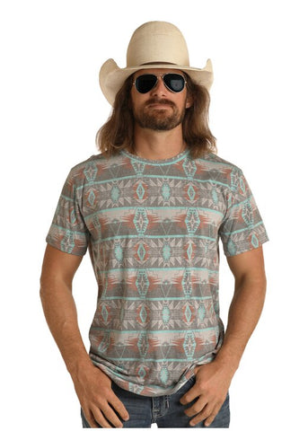 Dale Brisby Charcoal and Turquoise Aztec Print T-Shirt