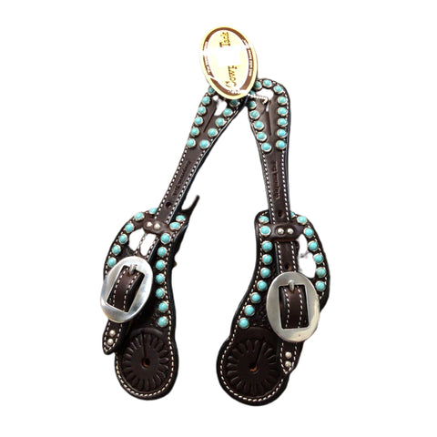 Dark Oil Spur Straps with Turquoise Spots by Cowperson Tack