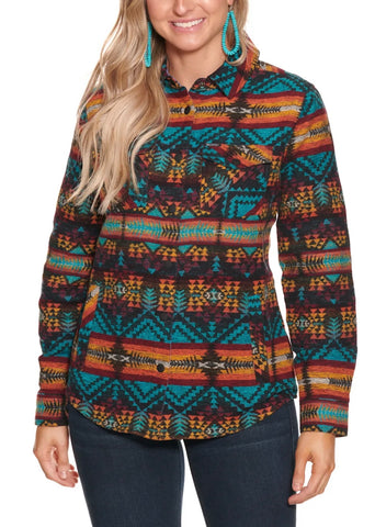 Panhandle Women's Powder River Outfitters Turquoise Aztec Stripe Core Fit Shacket